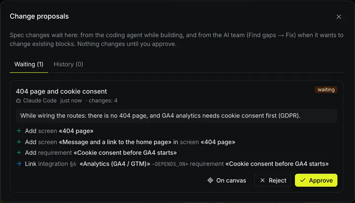NodePlan screenshot: the change proposals dialog from a coding agent, with a list of changes and Reject and Approve buttons.