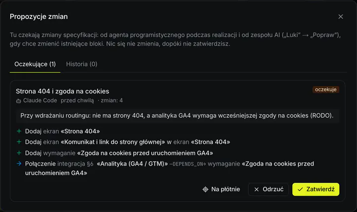 Zrzut ekranu NodePlan: okno propozycji zmian od agenta programistycznego z listą zmian i przyciskami Odrzuć i Zatwierdź.